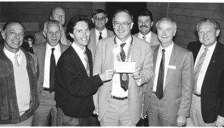 June 1990. Head of centre, Rick Oliver, receives a cheque for the Wickford Youth Club and Community Centre, Irvon Hill.