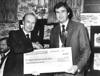 January 1984. Norman Smith presented a cheque to Anthony Nolan Bonemarrow Appeal. | Echo newspaper.