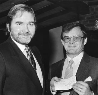 January 1987. Richard Candler (left) presents another cheque to Anthony Nolan Bonemarrow Appeal. | Echo newspaper.