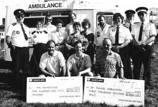 August 1991. Proceeds from a donkey derby at Nevendon Park being presented to St. John's Ambulance and The Samaritans. | Echo newspaper.