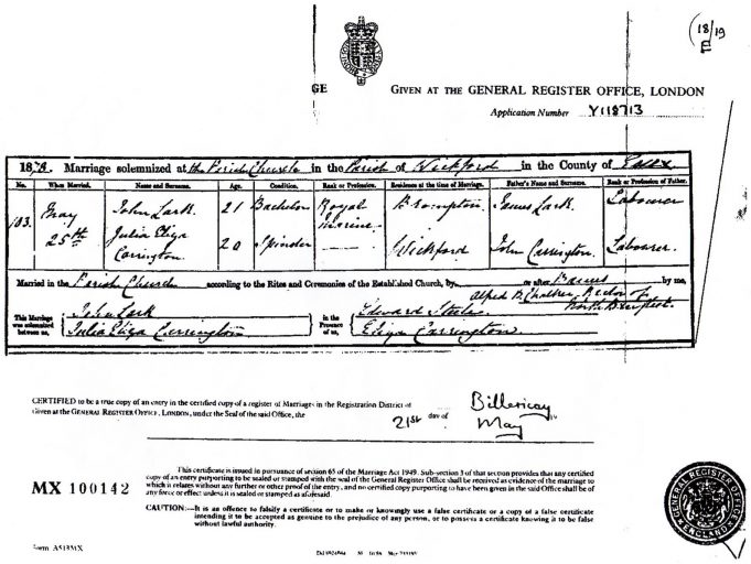 Mr and Mrs Larks wedding certificate1878
