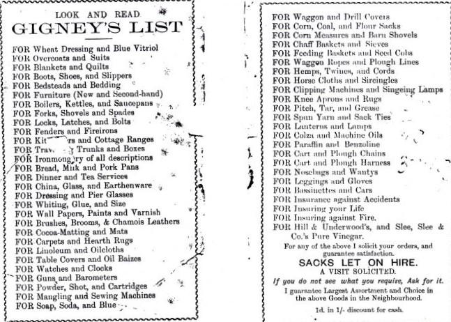 Products available in Gigney's Stores 1894