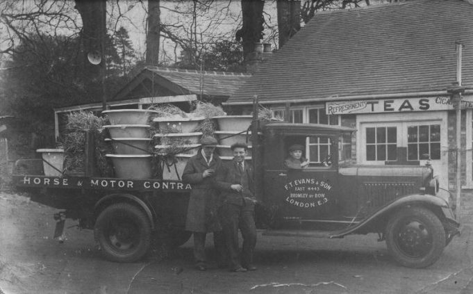 Frederick and his brothers and their Bedford van (1930s), outside the Radford Bridge Transport Cafe, Liphook, Hants.