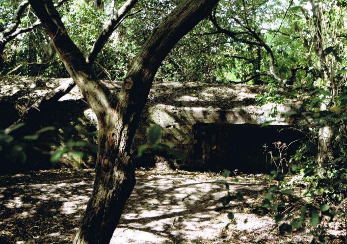 Pillbox in the recreation ground, largely surrounded by trees and undergrowth. Built to cover tank routes across the main defence lines in the event of an invasion during World War