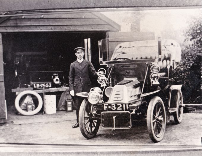 Dr John Marshall was doctor in Wickford and South Woodham Ferrers, until his death in 1919. The chauffeur is Arthur May, and the cars are a Rover and a Dion Bouton. The garage was next to Marshall's house, which was off the High Street. | Peter Nutt Collection